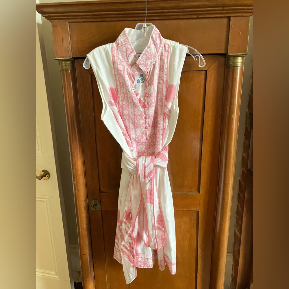 Sue Sartor Pink and White marigold sleeveless flounce dress Sz M NWT